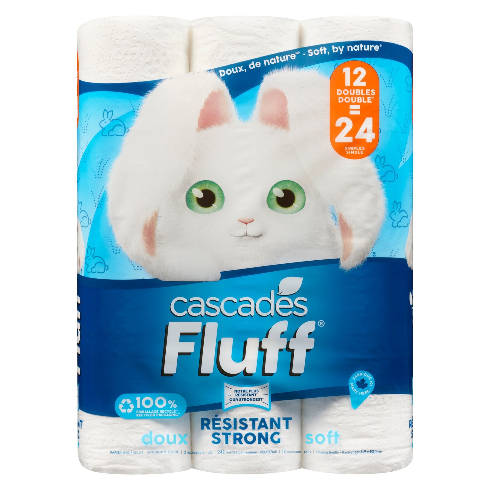 Cascades Fluff Strong and Soft Bathroom Tissues, 3.9-in x 4-in, White, 12-Pack
