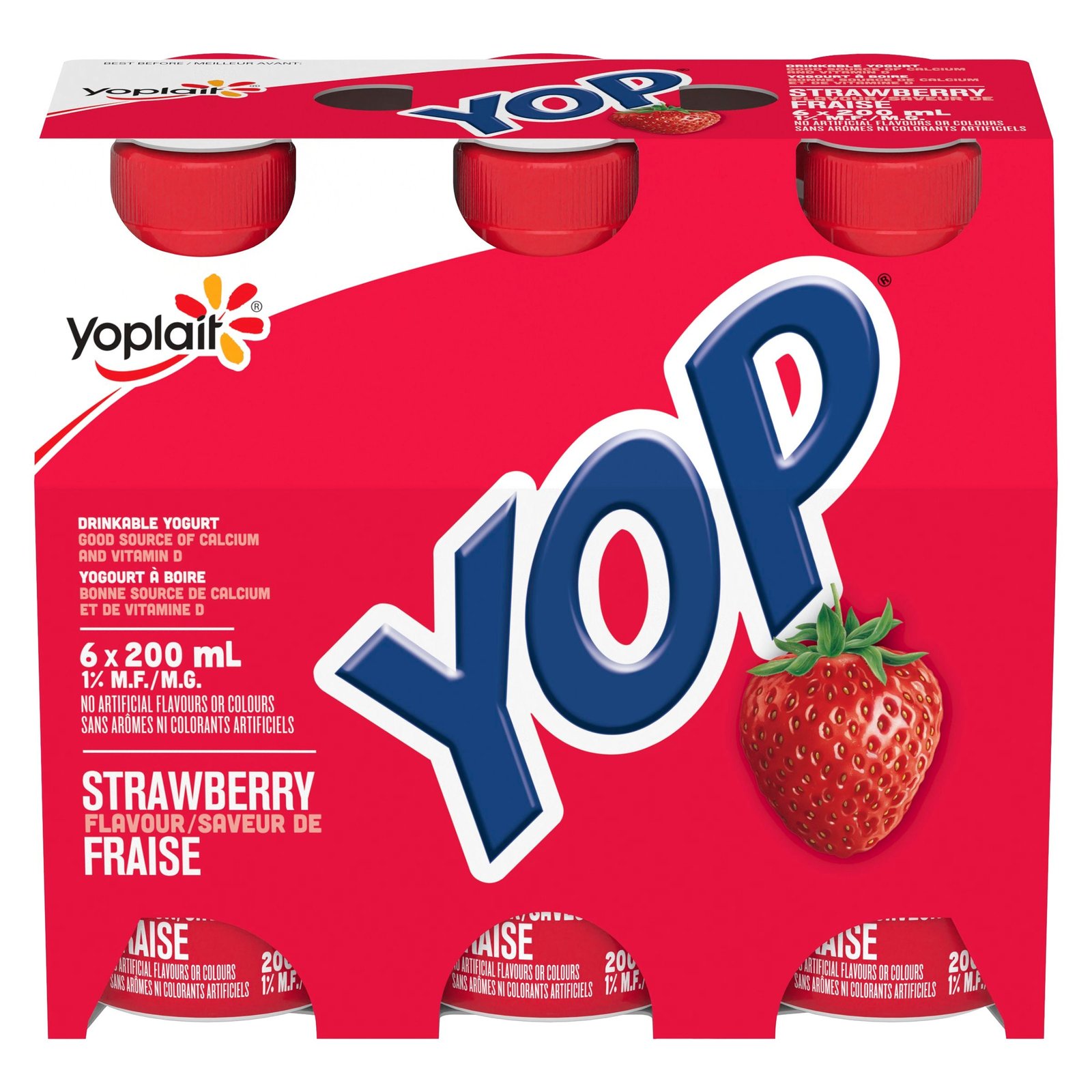 Yoplait Yop Drinkable Yogurt Strawberry Flavour 1% M.F., 200 ml, 6-Pack