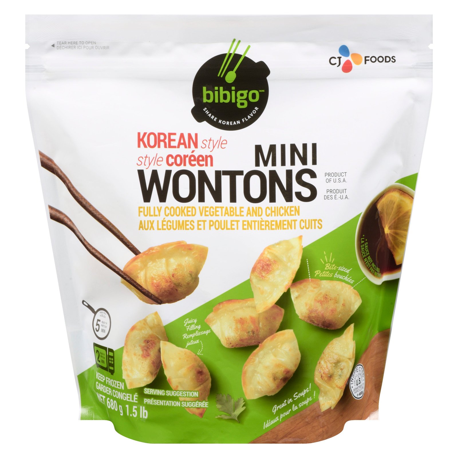 Bibigo Mini Wontons Korean Style Fully Cooked Vegetable and Chicken, 680 g