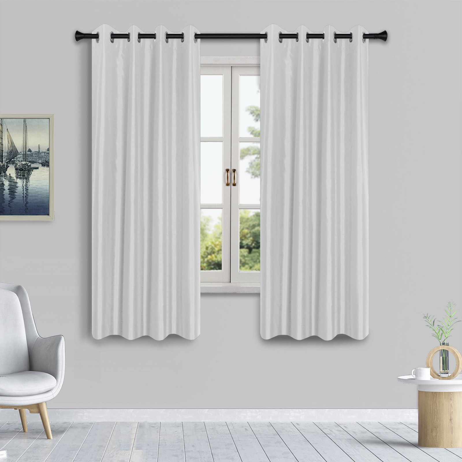 HomeStyles Faux Silk Curtain with Grommets, White, 52-in x 63-in.