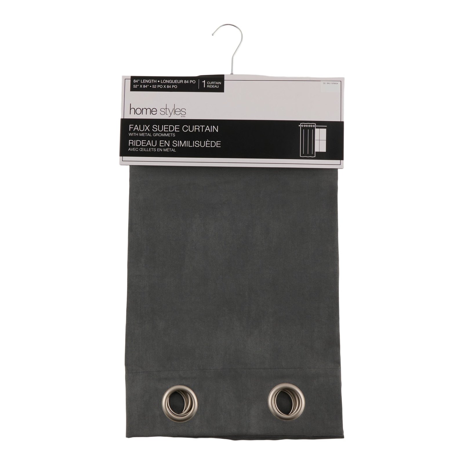 HomeStyles Faux Suede Curtain, Grey, 52-in x 84-in.