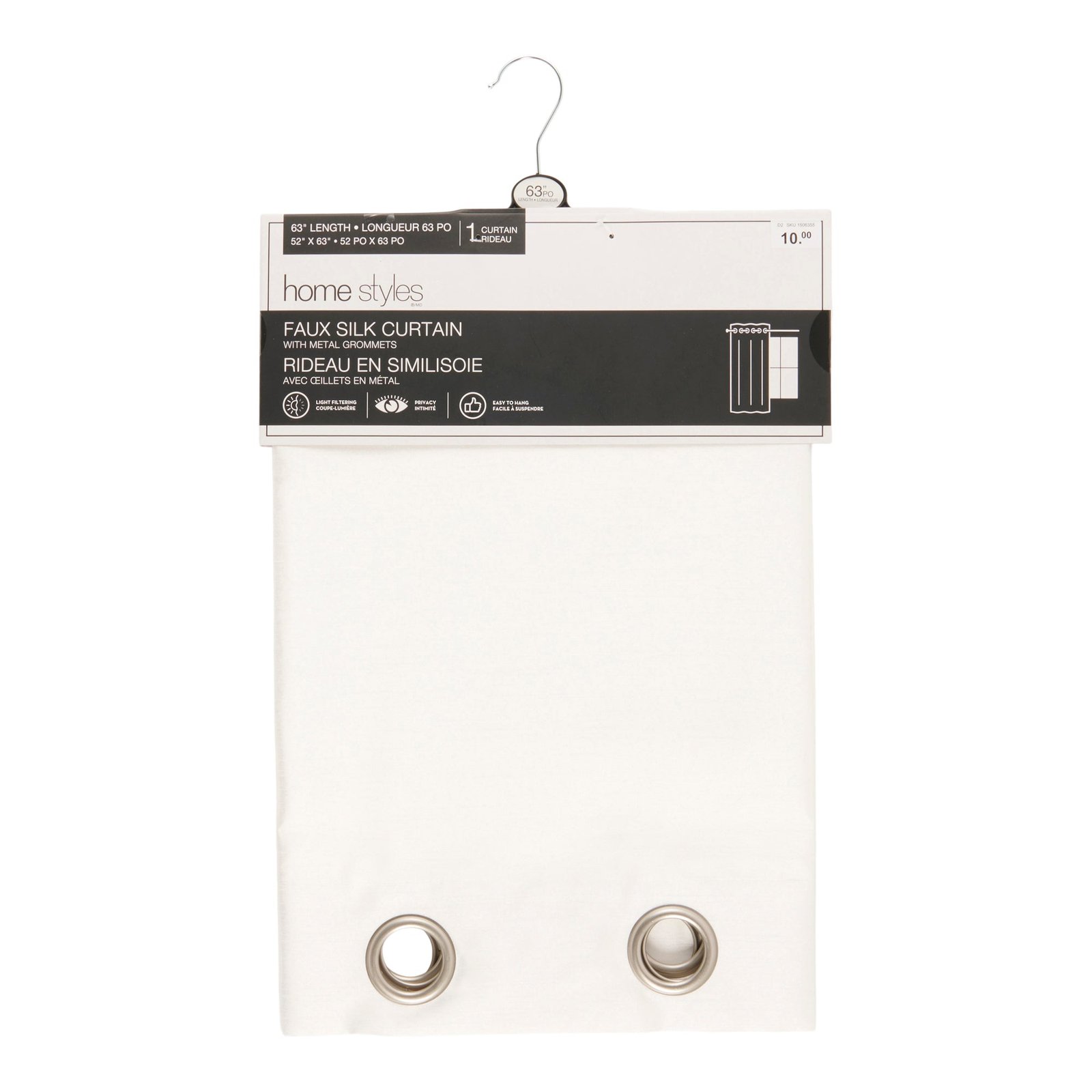HomeStyles Faux Silk Curtain, White, 52-in x 63-in.