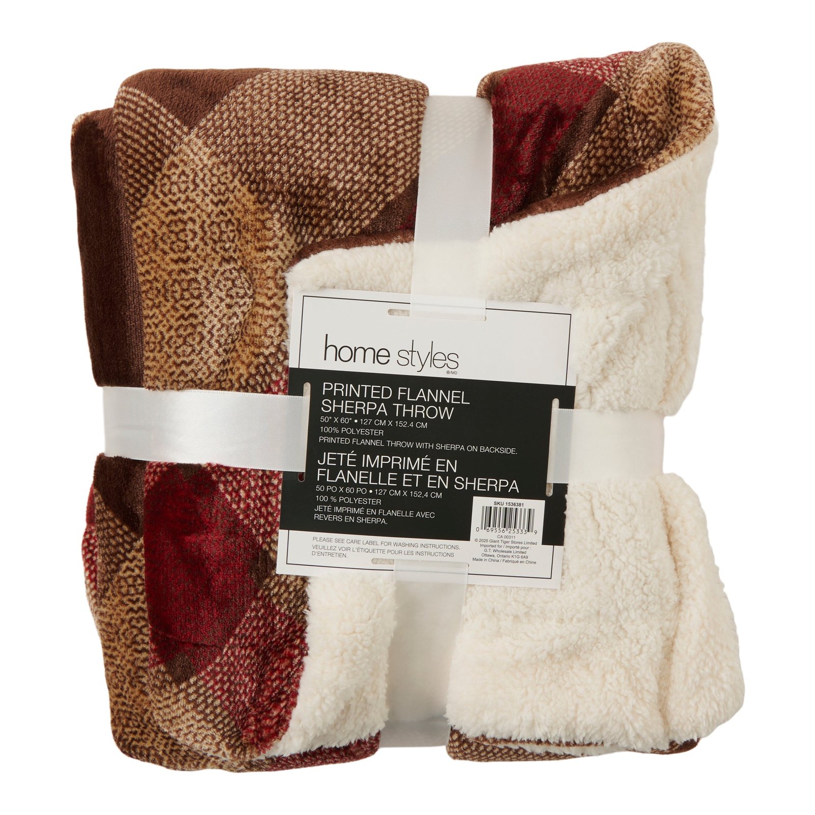 HomeStyles Printed Flannel Sherpa Throw, 50-in x 60-in.