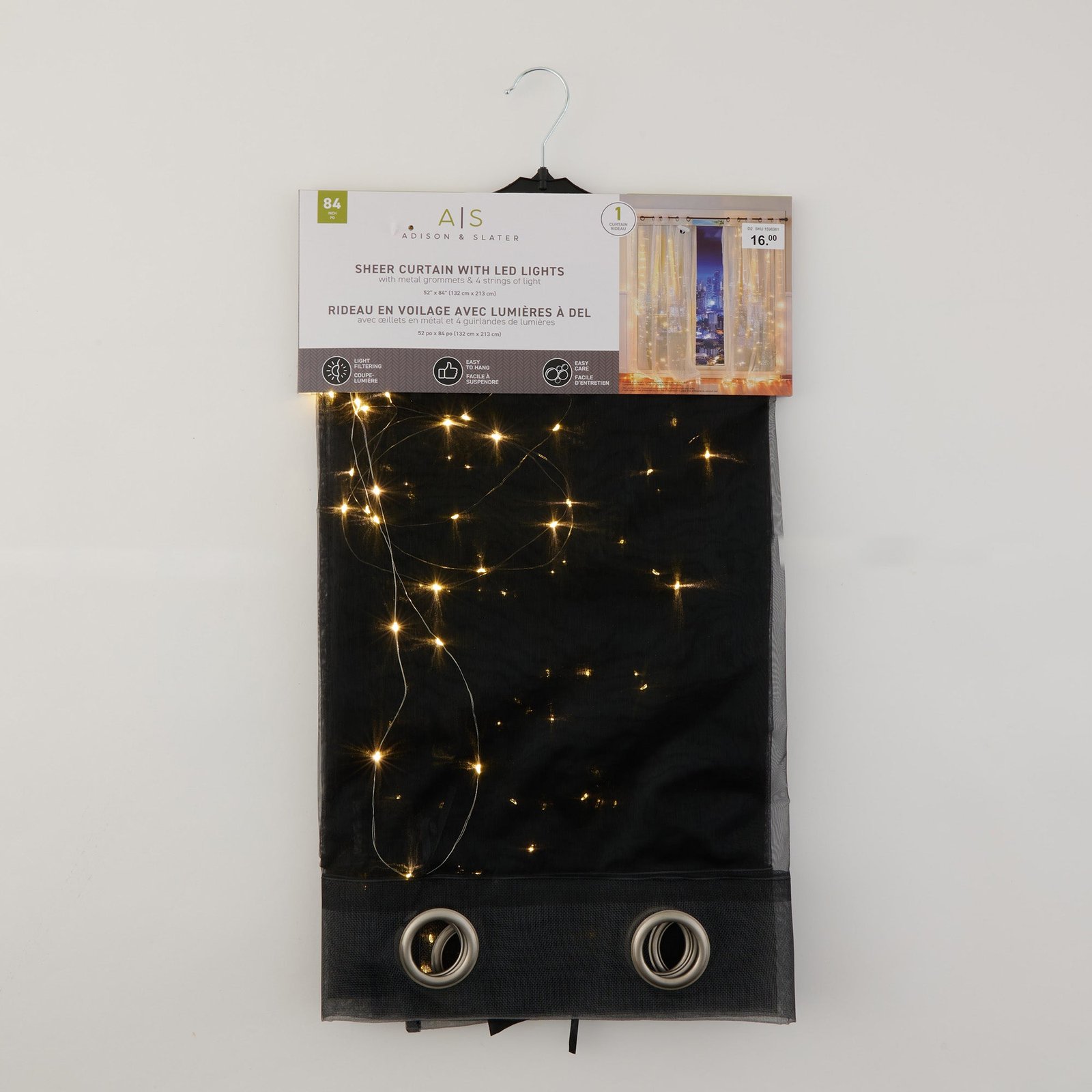 Sheer LED String Light Curtain with Grommets, 52-in x 84-in.