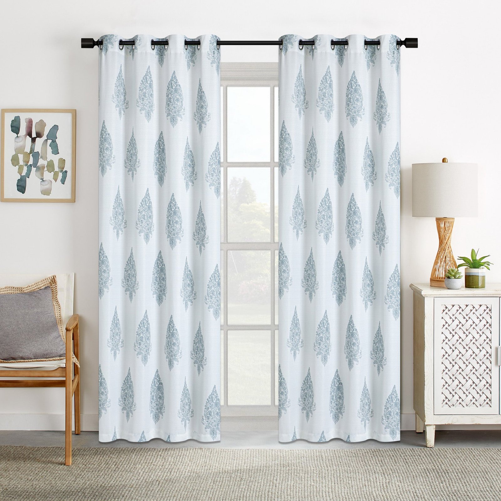 Printed Faux Linen Curtain with Grommets, 52-in x 84-in.