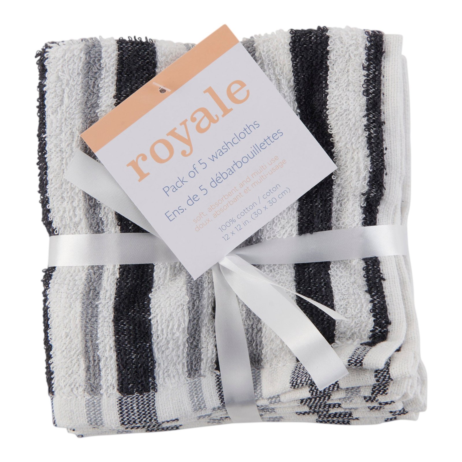 Striped Facecloths, 12-in x 12-in, 5 Pack
