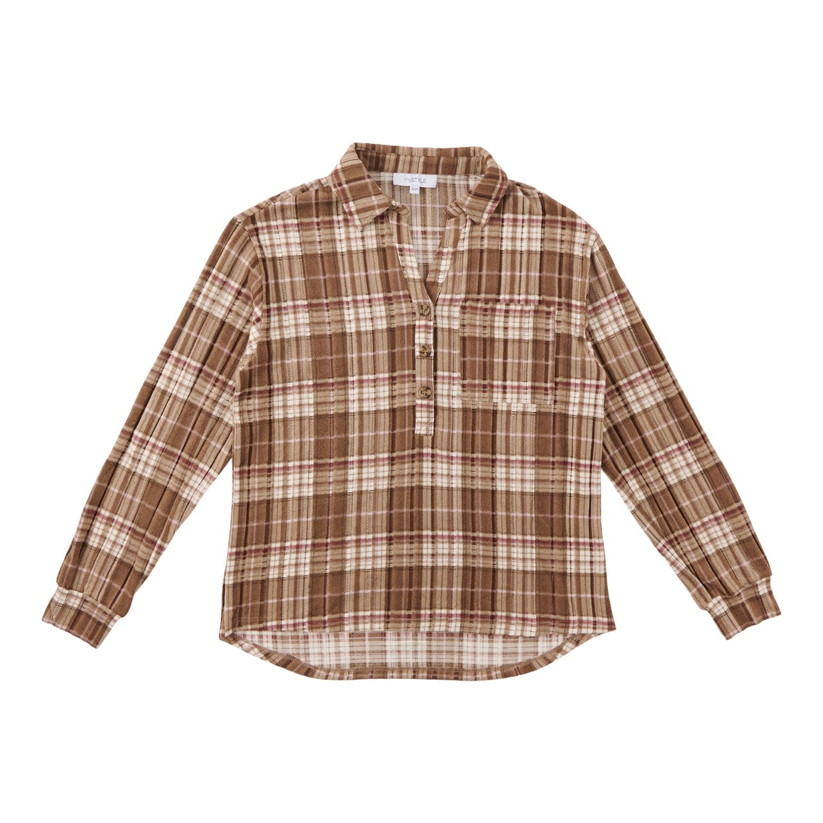 mySTYLE Women's Brushed Ribbed Plaid Shirt