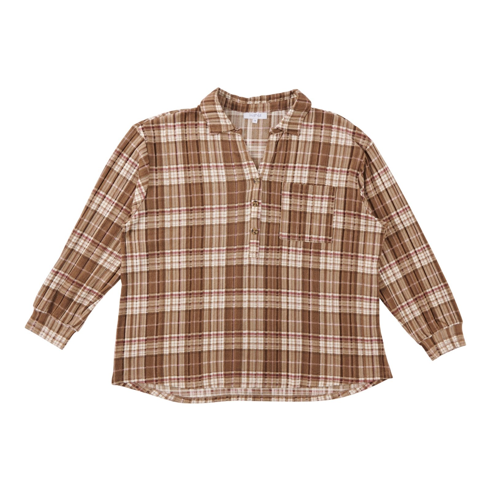 mySTYLE Women's Plus Brushed Ribbed Plaid Shirt