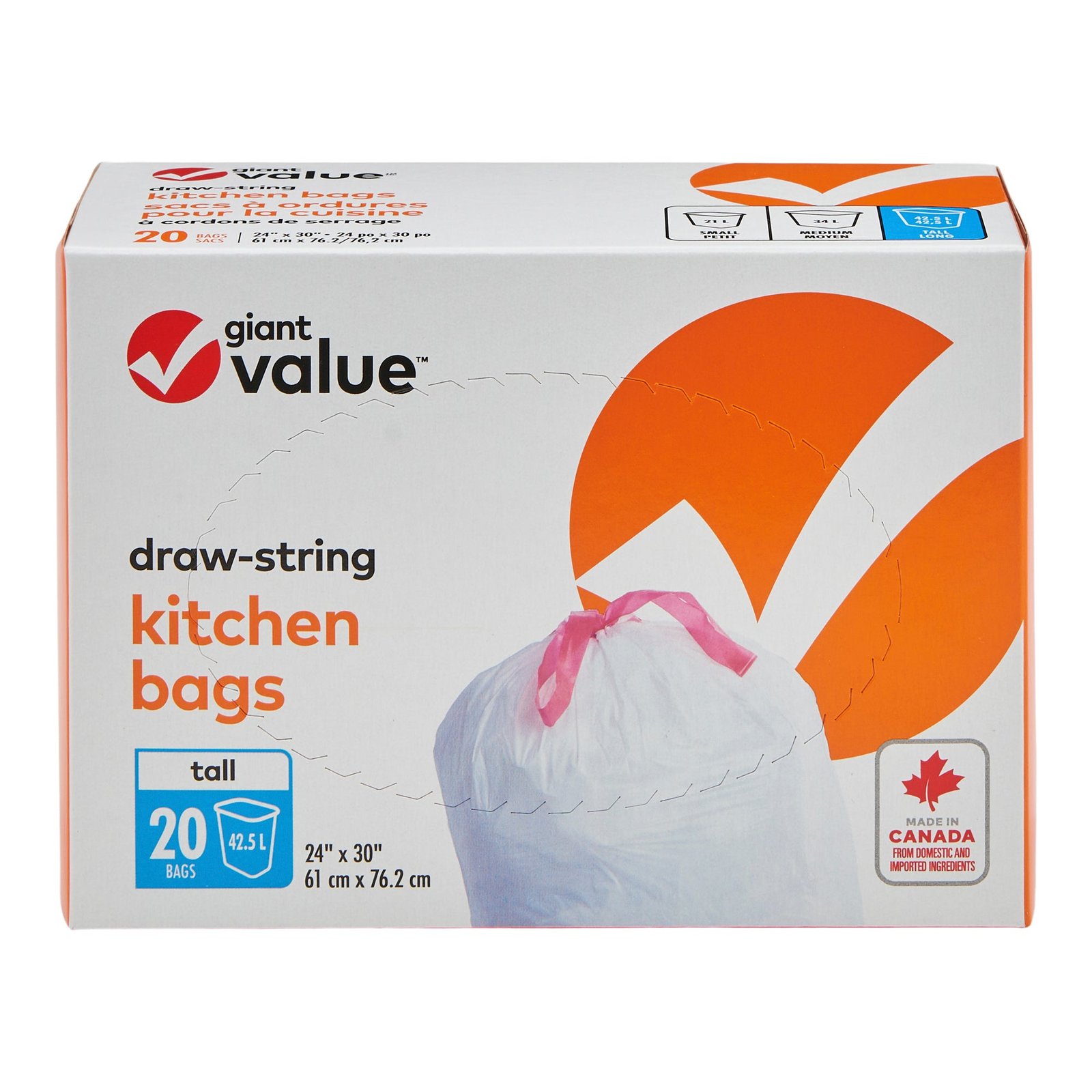 Giant Value Drawstring Kitchen Food Waste Bags, Tall, White and Red, 20-Pack