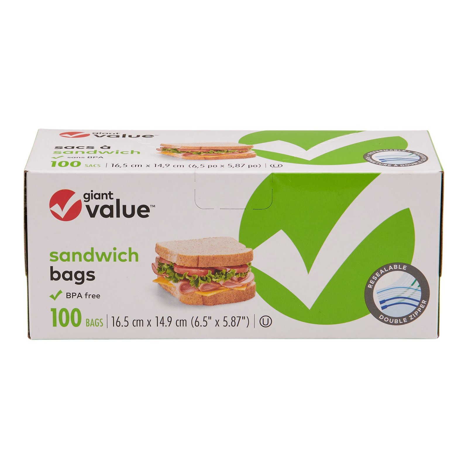 Giant Value Plastic Sandwich Bags with Double Zipper, 100-Pack