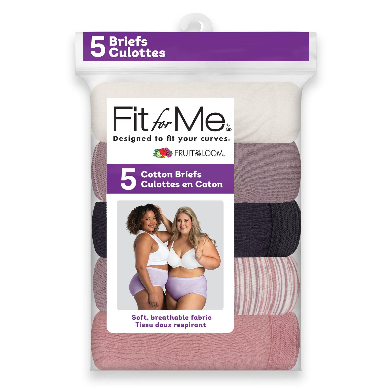 Fruit of the Loom Women's Plus Fit High-Rise Cotton Briefs with Tag-Free Waistband, Assorted Colours, 5-Pack