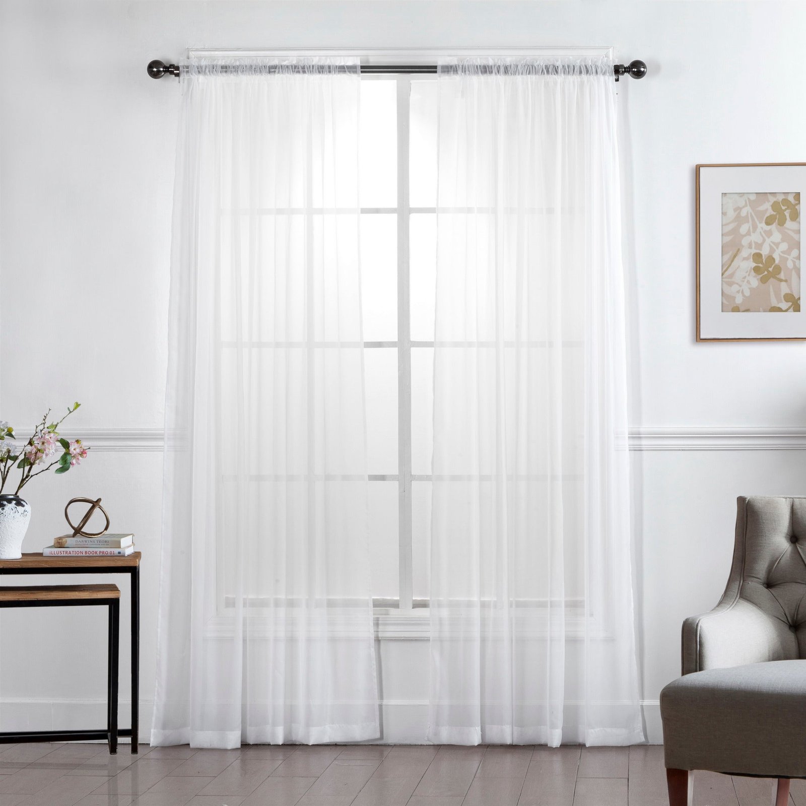 HomeStyles Sheer Curtain Panel with Rod Pocket, White, 52-in x 63-in.
